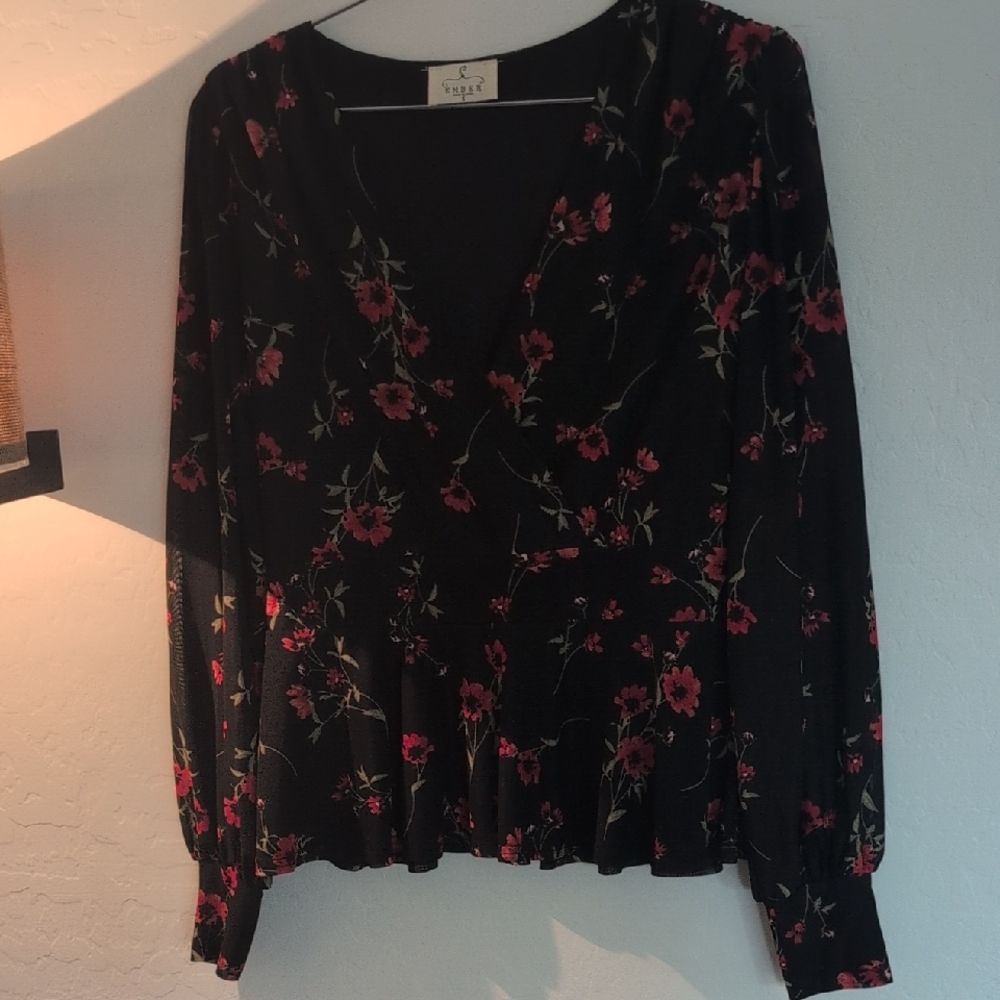 Y.A.S Black Floral V-Neck Blouse